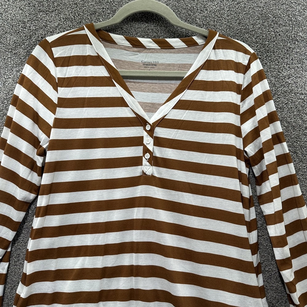 Garnet Hill Cotton Shirt Dress Small Brown Stripe Long Sleeve V‎ Neck Pockets - Picture 4 of 11